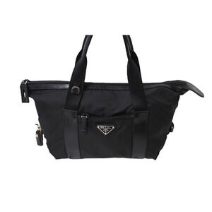Prada Leather Triangle Logo Handbag Black Tessuto
